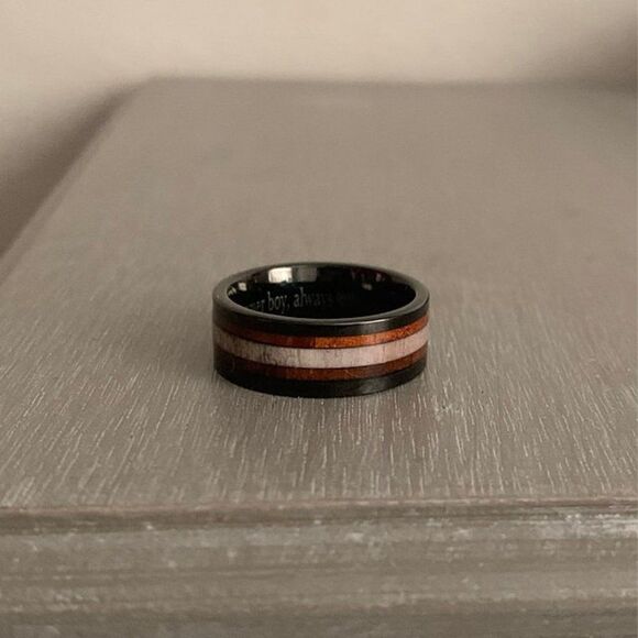 Personalized Engraved Men's Black Tungsten Wedding Ring Bone and Koa Wood - Picture 4 of 7